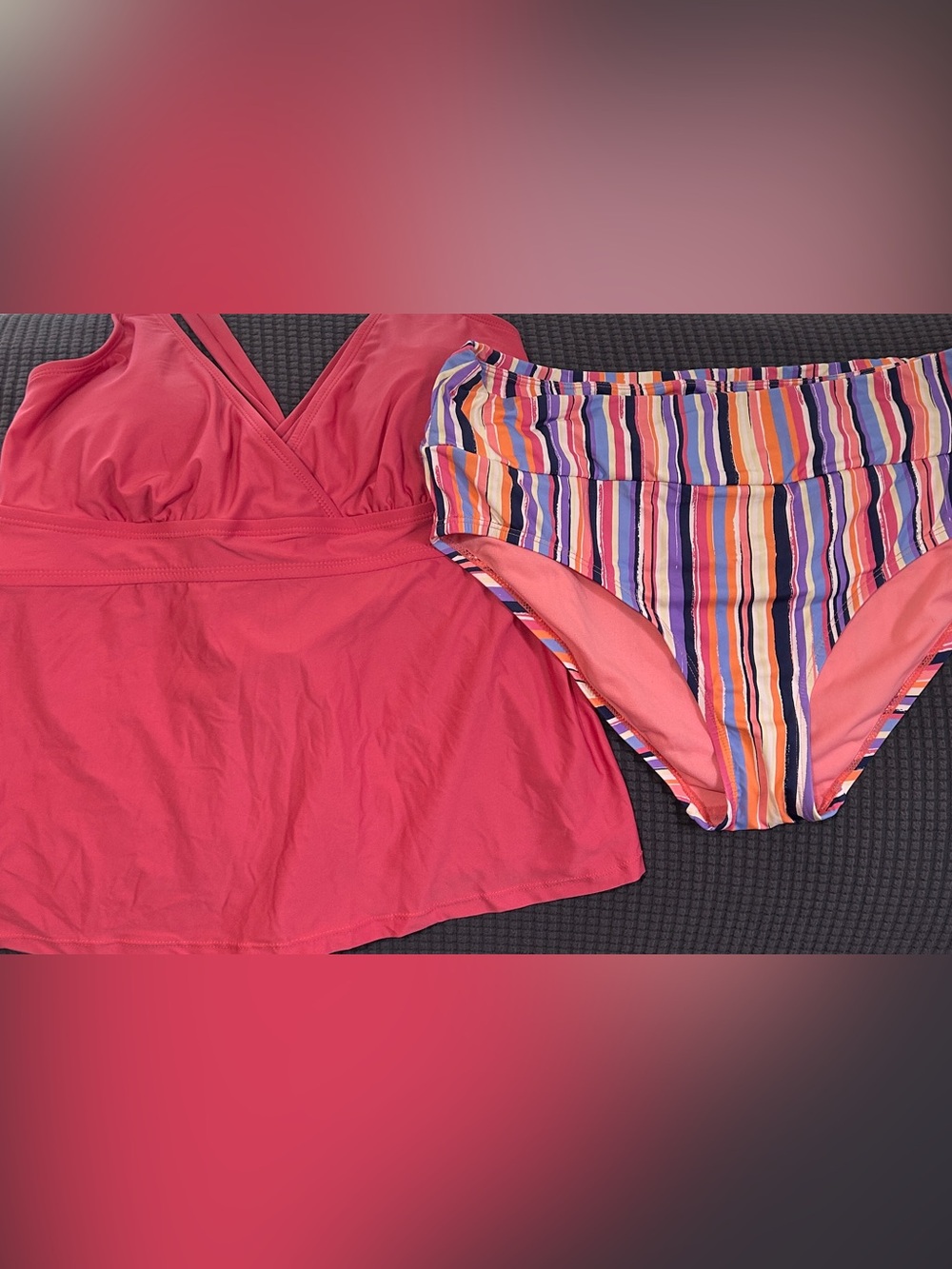 Catalina Coral Tankini Top with Multicolor Striped Bottoms